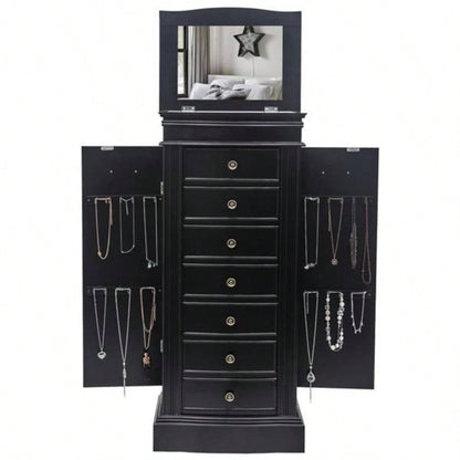 Jewelry Armoire with Mirror, Drawers 24 Necklace Hooks, 2 Side Swing DoorsBlack