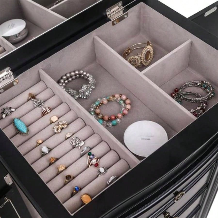 Jewelry Armoire with Mirror, Drawers 24 Necklace Hooks, 2 Side Swing DoorsBlack