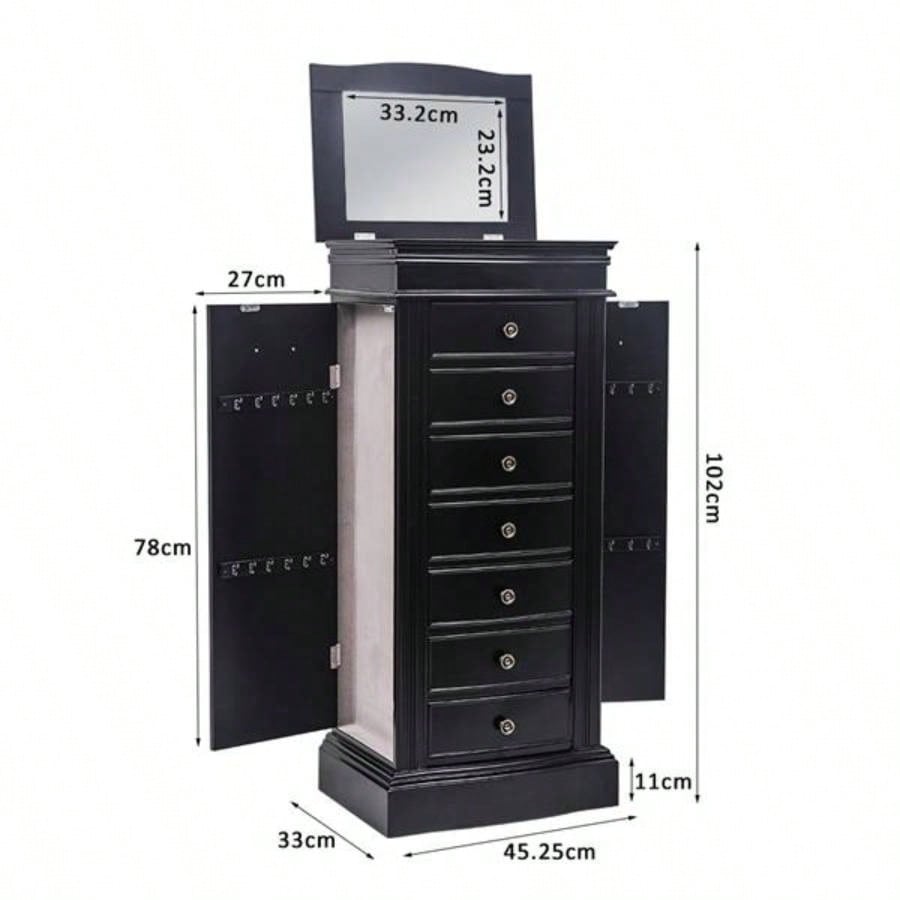 Jewelry Armoire with Mirror, Drawers 24 Necklace Hooks, 2 Side Swing DoorsBlack