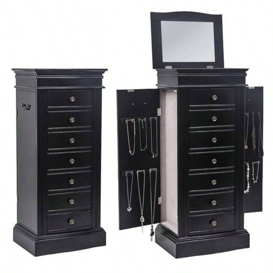 Jewelry Armoire with Mirror, Drawers 24 Necklace Hooks, 2 Side Swing DoorsBlack