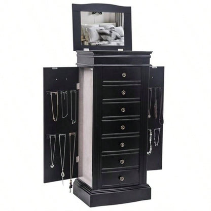 Jewelry Armoire with Mirror, Drawers 24 Necklace Hooks, 2 Side Swing DoorsBlack