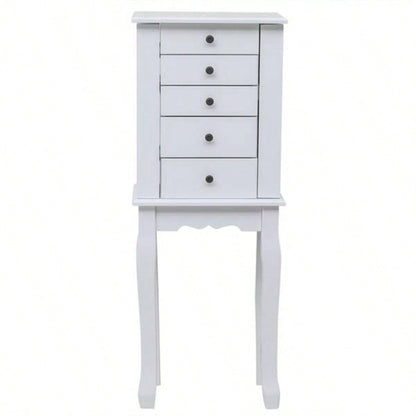 Standing Jewelry Armoire with Mirror, 5 Drawers 8 Necklace Hooks, Jewelry Cabinet Chest with Top Storage Organizer, 2 Side Swing DoorsWhite