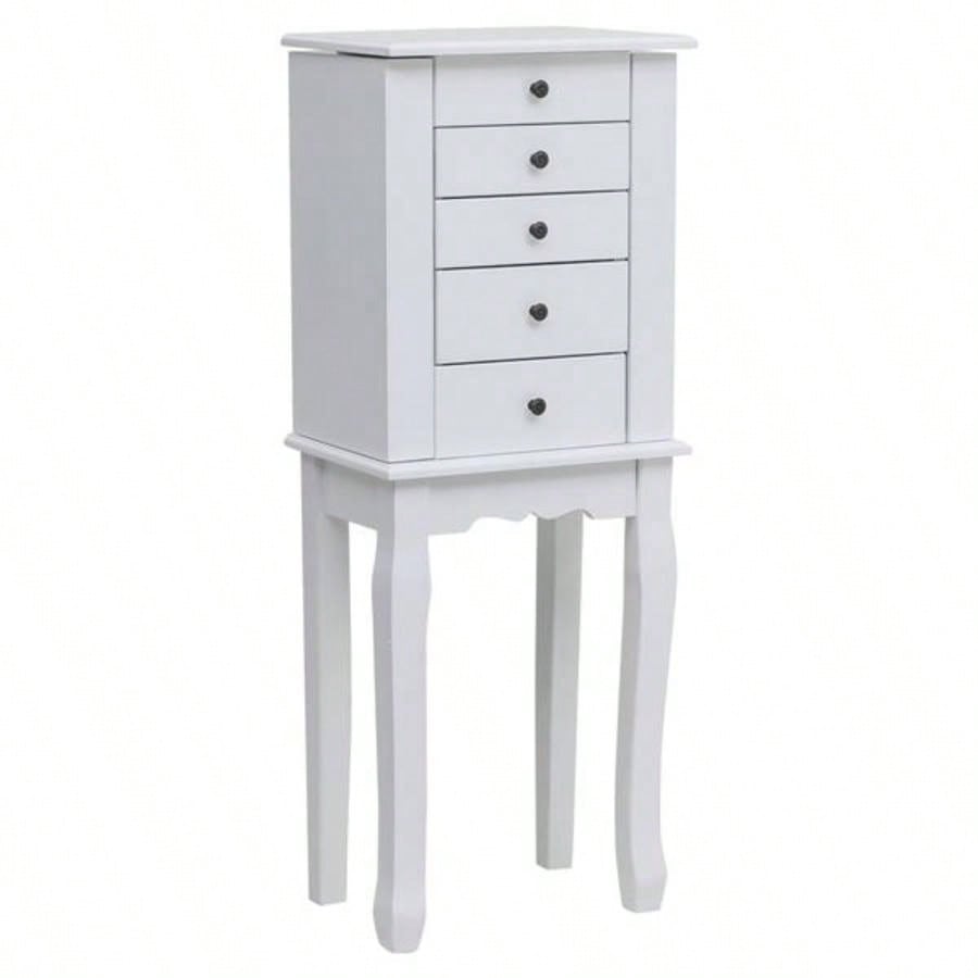Standing Jewelry Armoire with Mirror, 5 Drawers 8 Necklace Hooks, Jewelry Cabinet Chest with Top Storage Organizer, 2 Side Swing DoorsWhite