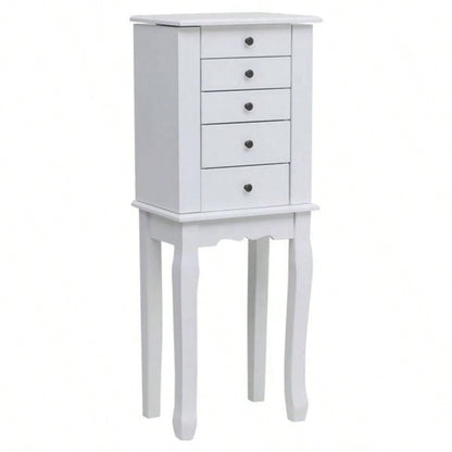 Standing Jewelry Armoire with Mirror, 5 Drawers 8 Necklace Hooks, Jewelry Cabinet Chest with Top Storage Organizer, 2 Side Swing DoorsWhite