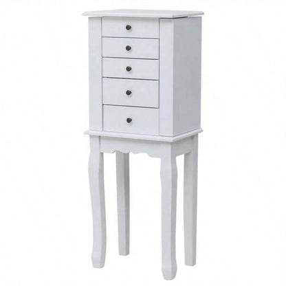 Standing Jewelry Armoire with Mirror, 5 Drawers 8 Necklace Hooks, Jewelry Cabinet Chest with Top Storage Organizer, 2 Side Swing DoorsWhite