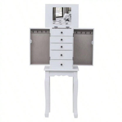 Standing Jewelry Armoire with Mirror, 5 Drawers 8 Necklace Hooks, Jewelry Cabinet Chest with Top Storage Organizer, 2 Side Swing DoorsWhite