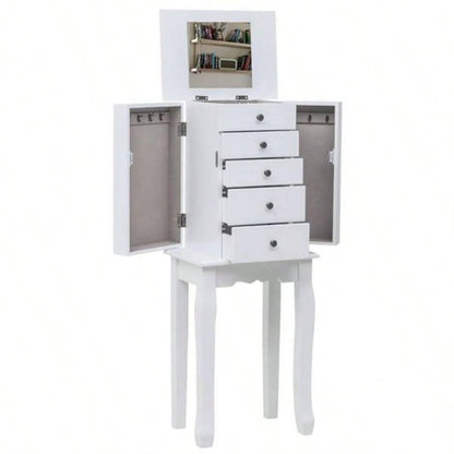 Standing Jewelry Armoire with Mirror, 5 Drawers 8 Necklace Hooks, Jewelry Cabinet Chest with Top Storage Organizer, 2 Side Swing DoorsWhite