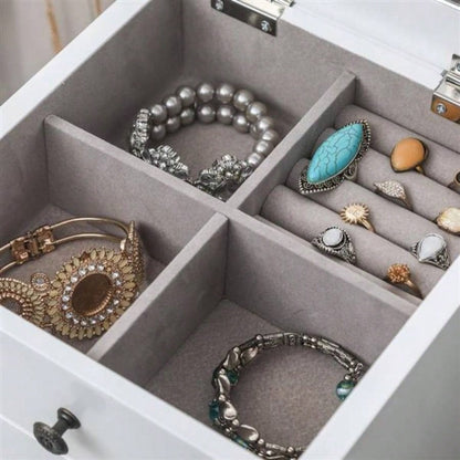 Standing Jewelry Armoire with Mirror, 5 Drawers 8 Necklace Hooks, Jewelry Cabinet Chest with Top Storage Organizer, 2 Side Swing DoorsWhite
