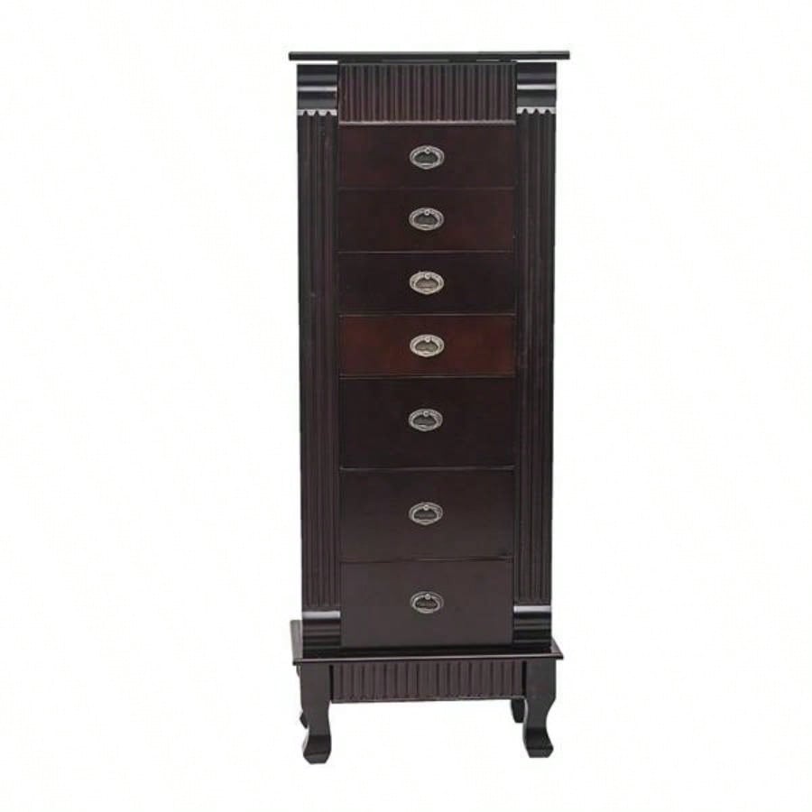 Standing Jewelry Armoire Cabinet Makeup Mirror and Top Divided Storage Organizer, Large Standing Jewelry Armoire Storage Chest with Drawers, 2 Swing Doors, 16 Necklace Hooks, Dark Brown Beige Flann