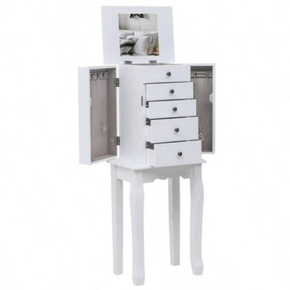 Standing Jewelry Armoire with Mirror, 5 Drawers 8 Necklace Hooks, Jewelry Cabinet Chest with Top Storage Organizer, 2 Side Swing DoorsWhite