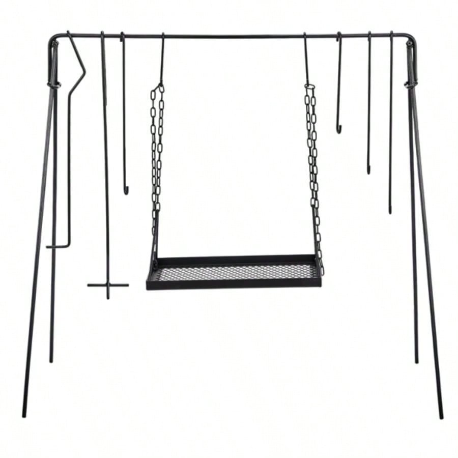 Grill Swing Campfire Grill Stand with Iron Grill Grate, Collapsible Campfire Cooking Rack with Hooks and Carry Bag, Portable Cookware Hanging Rack Outdoor Camping Bonfire Cookware Dutch Oven, Bl