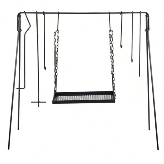 Grill Swing Campfire Grill Stand with Iron Grill Grate, Collapsible Campfire Cooking Rack with Hooks and Carry Bag, Portable Cookware Hanging Rack Outdoor Camping Bonfire Cookware Dutch Oven, Bl
