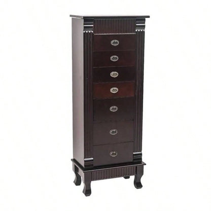 Standing Jewelry Armoire Cabinet Makeup Mirror and Top Divided Storage Organizer, Large Standing Jewelry Armoire Storage Chest with Drawers, 2 Swing Doors, 16 Necklace Hooks, Dark Brown Beige Flann