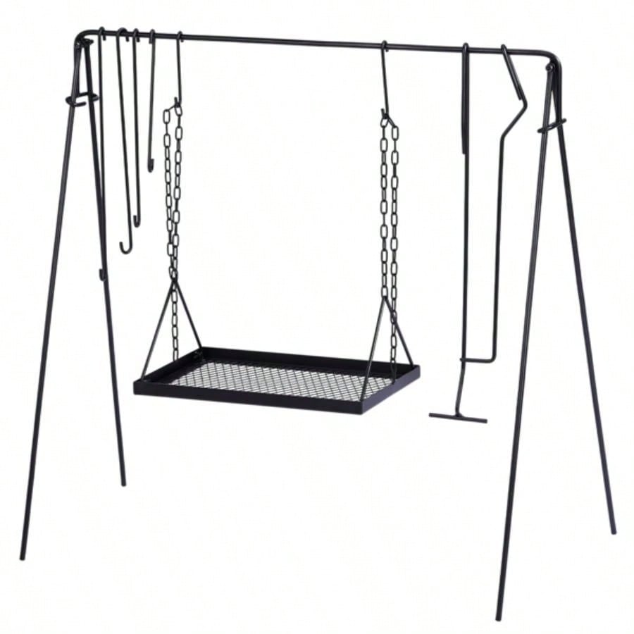 Grill Swing Campfire Grill Stand with Iron Grill Grate, Collapsible Campfire Cooking Rack with Hooks and Carry Bag, Portable Cookware Hanging Rack Outdoor Camping Bonfire Cookware Dutch Oven, Bl