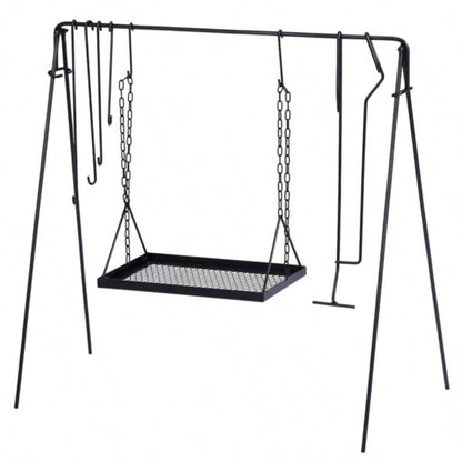 Grill Swing Campfire Grill Stand with Iron Grill Grate, Collapsible Campfire Cooking Rack with Hooks and Carry Bag, Portable Cookware Hanging Rack Outdoor Camping Bonfire Cookware Dutch Oven, Bl