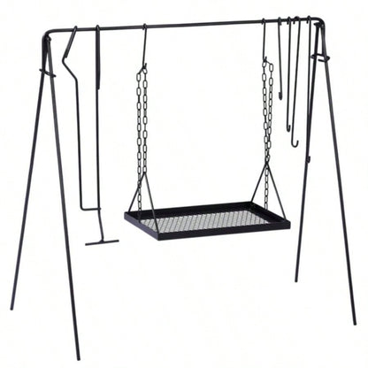 Grill Swing Campfire Grill Stand with Iron Grill Grate, Collapsible Campfire Cooking Rack with Hooks and Carry Bag, Portable Cookware Hanging Rack Outdoor Camping Bonfire Cookware Dutch Oven, Bl