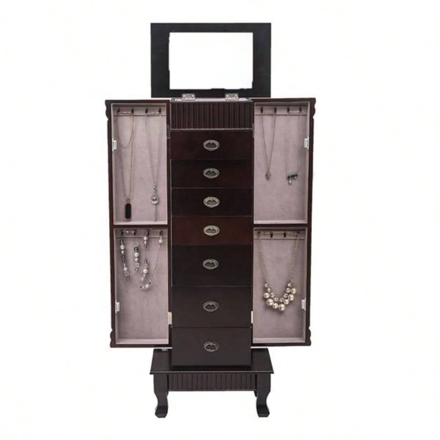 Standing Jewelry Armoire Cabinet Makeup Mirror and Top Divided Storage Organizer, Large Standing Jewelry Armoire Storage Chest with Drawers, 2 Swing Doors, 16 Necklace Hooks, Dark Brown Beige Flann