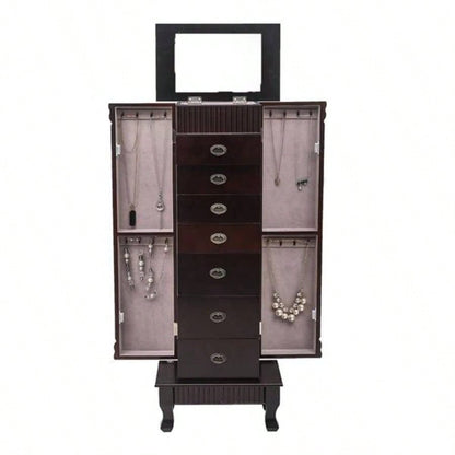 Standing Jewelry Armoire Cabinet Makeup Mirror and Top Divided Storage Organizer, Large Standing Jewelry Armoire Storage Chest with Drawers, 2 Swing Doors, 16 Necklace Hooks, Dark Brown Beige Flann