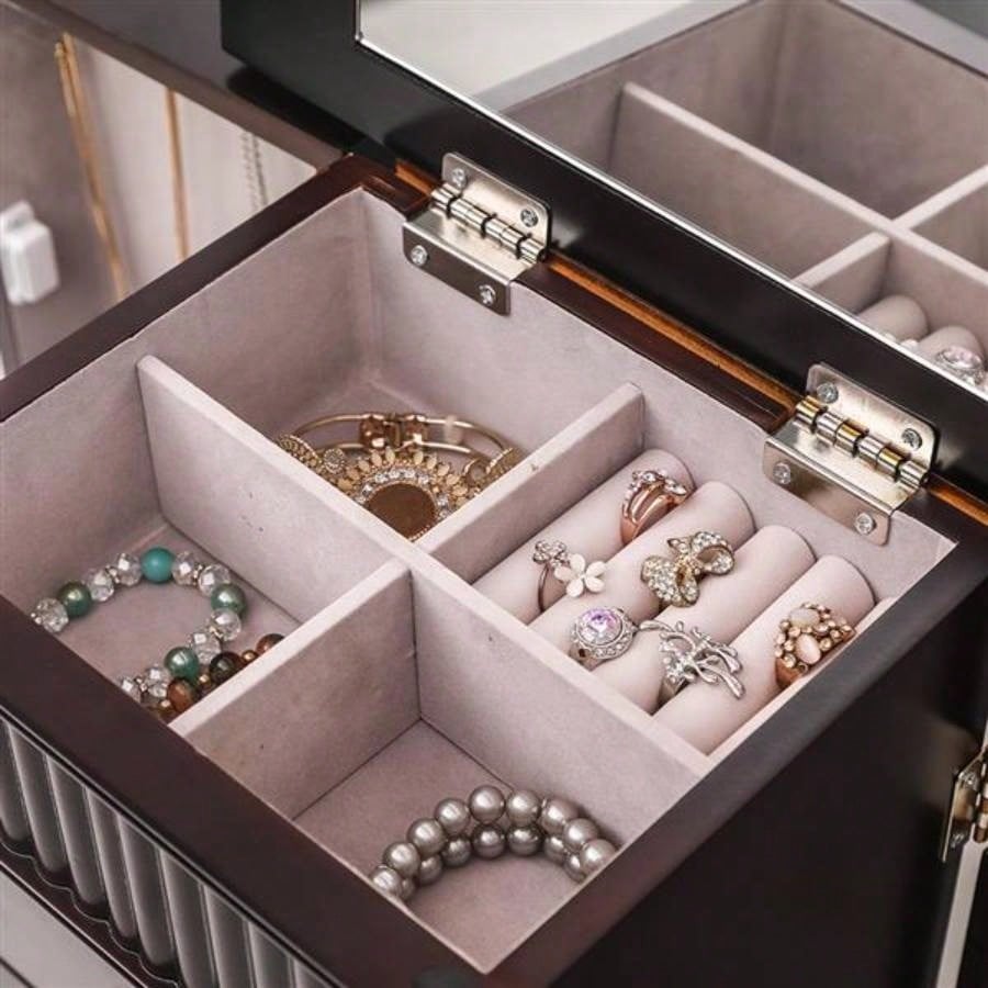 Standing Jewelry Armoire Cabinet Makeup Mirror and Top Divided Storage Organizer, Large Standing Jewelry Armoire Storage Chest with Drawers, 2 Swing Doors, 16 Necklace Hooks, Dark Brown Beige Flann