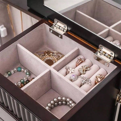 Standing Jewelry Armoire Cabinet Makeup Mirror and Top Divided Storage Organizer, Large Standing Jewelry Armoire Storage Chest with Drawers, 2 Swing Doors, 16 Necklace Hooks, Dark Brown Beige Flann