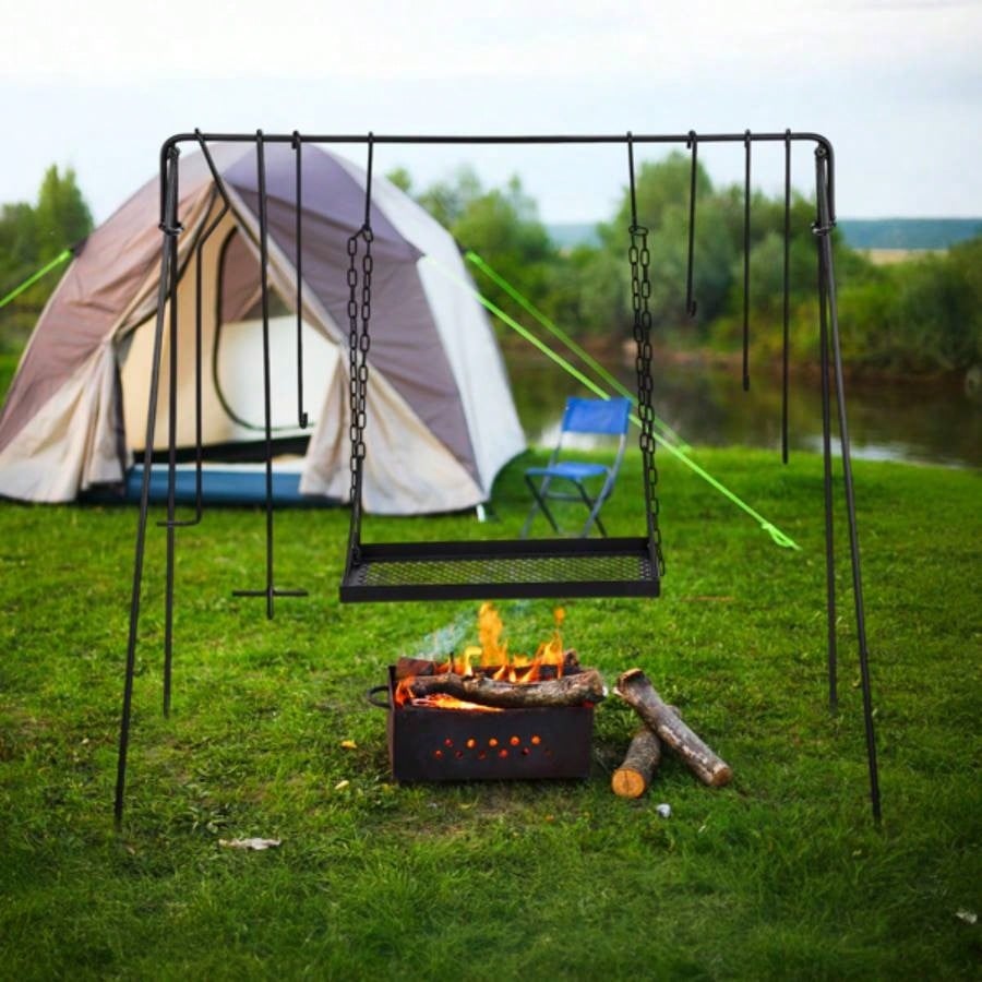 Grill Swing Campfire Grill Stand with Iron Grill Grate, Collapsible Campfire Cooking Rack with Hooks and Carry Bag, Portable Cookware Hanging Rack Outdoor Camping Bonfire Cookware Dutch Oven, Bl