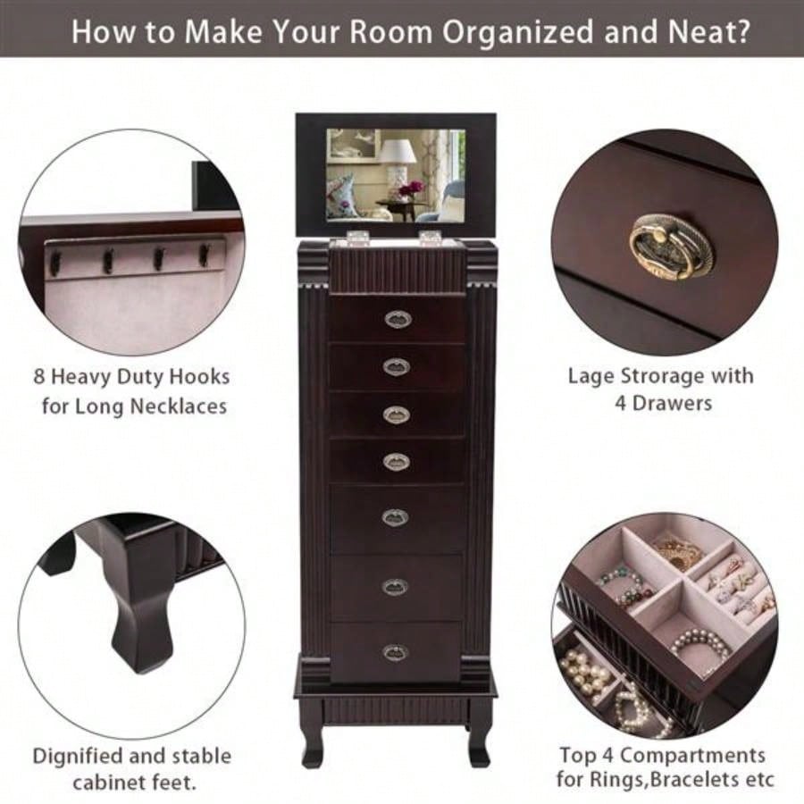 Standing Jewelry Armoire Cabinet Makeup Mirror and Top Divided Storage Organizer, Large Standing Jewelry Armoire Storage Chest with Drawers, 2 Swing Doors, 16 Necklace Hooks, Dark Brown Beige Flann