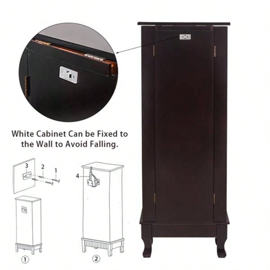 Standing Jewelry Armoire Cabinet Makeup Mirror and Top Divided Storage Organizer, Large Standing Jewelry Armoire Storage Chest with Drawers, 2 Swing Doors, 16 Necklace Hooks, Dark Brown Beige Flann