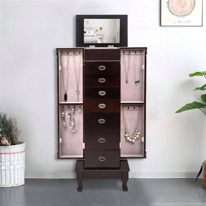 Standing Jewelry Armoire Cabinet Makeup Mirror and Top Divided Storage Organizer, Large Standing Jewelry Armoire Storage Chest with Drawers, 2 Swing Doors, 16 Necklace Hooks, Dark Brown Beige Flann