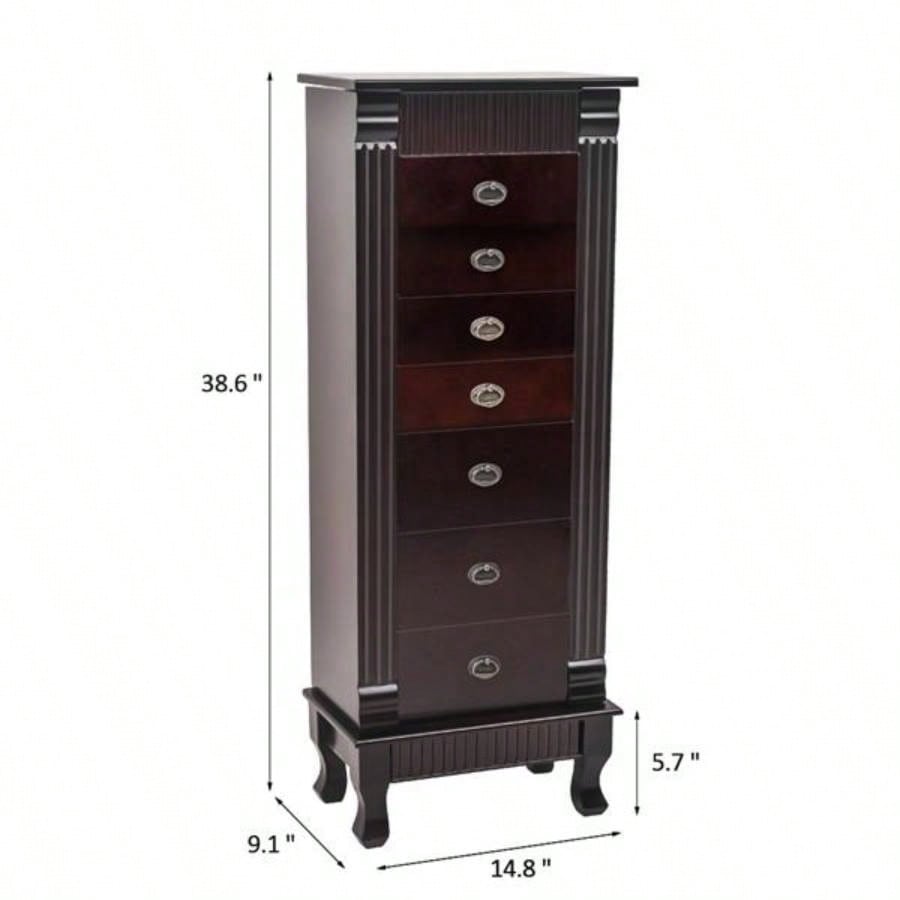 Standing Jewelry Armoire Cabinet Makeup Mirror and Top Divided Storage Organizer, Large Standing Jewelry Armoire Storage Chest with Drawers, 2 Swing Doors, 16 Necklace Hooks, Dark Brown Beige Flann