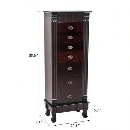 Standing Jewelry Armoire Cabinet Makeup Mirror and Top Divided Storage Organizer, Large Standing Jewelry Armoire Storage Chest with Drawers, 2 Swing Doors, 16 Necklace Hooks, Dark Brown Beige Flann
