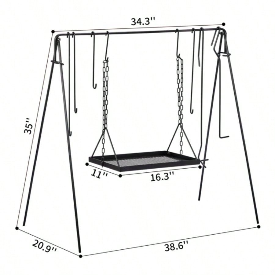 Grill Swing Campfire Grill Stand with Iron Grill Grate, Collapsible Campfire Cooking Rack with Hooks and Carry Bag, Portable Cookware Hanging Rack Outdoor Camping Bonfire Cookware Dutch Oven, Bl