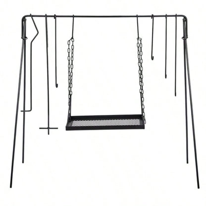 Grill Swing Campfire Grill Stand with Iron Grill Grate, Collapsible Campfire Cooking Rack with Hooks and Carry Bag, Portable Cookware Hanging Rack Outdoor Camping Bonfire Cookware Dutch Oven, Bl