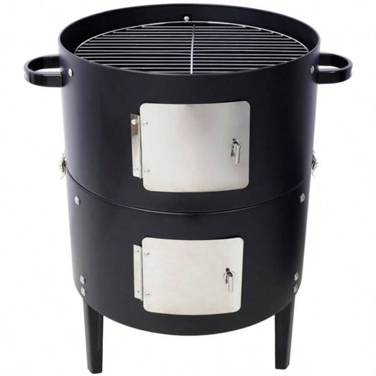 17 Inch Steel Charcoal Smoker, Heavy Duty Round BBQ Grill Outdoor Cooking, Black