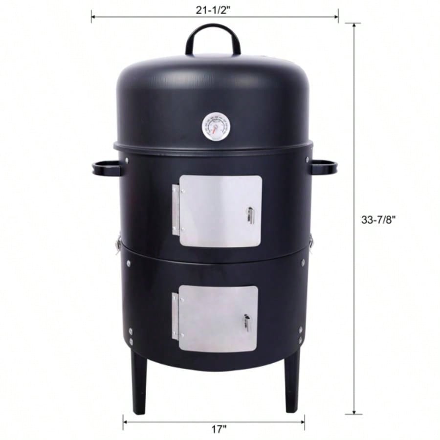 17 Inch Steel Charcoal Smoker, Heavy Duty Round BBQ Grill Outdoor Cooking, Black