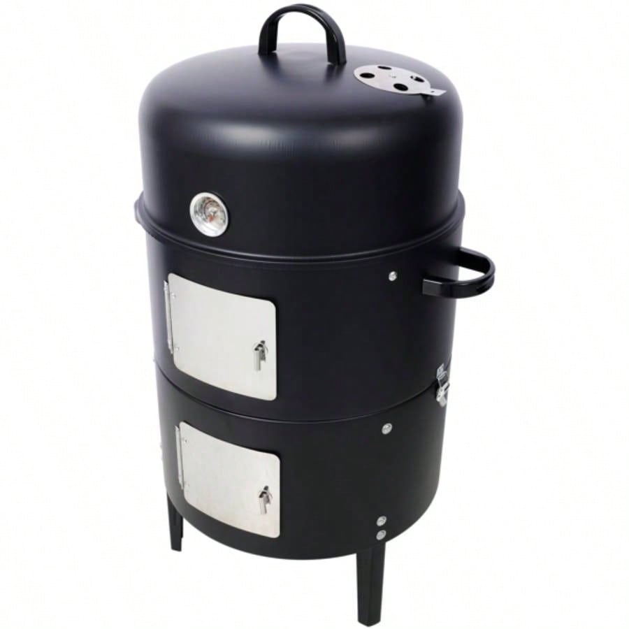 17 Inch Steel Charcoal Smoker, Heavy Duty Round BBQ Grill Outdoor Cooking, Black