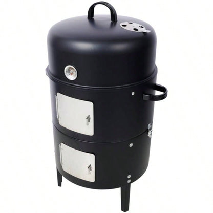 17 Inch Steel Charcoal Smoker, Heavy Duty Round BBQ Grill Outdoor Cooking, Black
