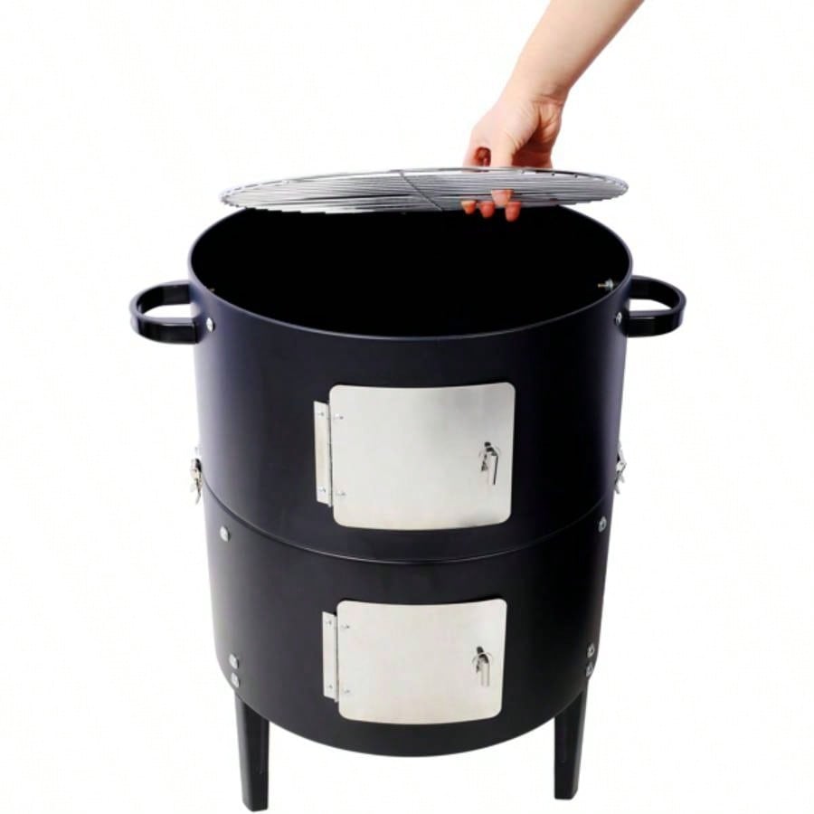 17 Inch Steel Charcoal Smoker, Heavy Duty Round BBQ Grill Outdoor Cooking, Black