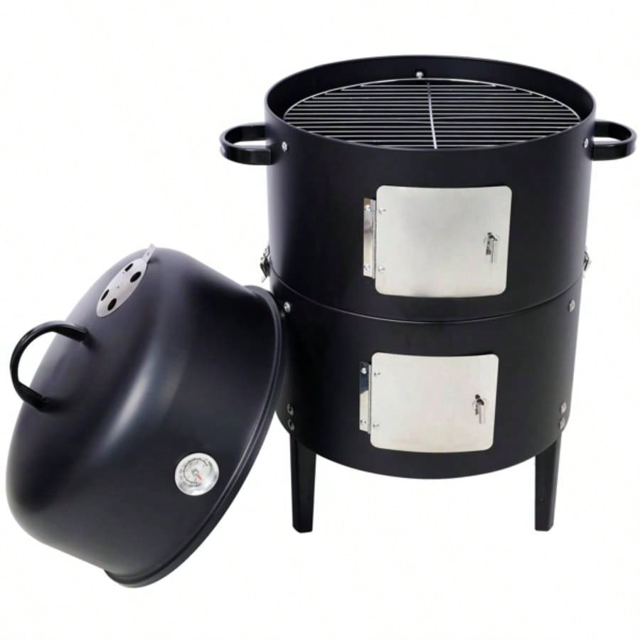 17 Inch Steel Charcoal Smoker, Heavy Duty Round BBQ Grill Outdoor Cooking, Black