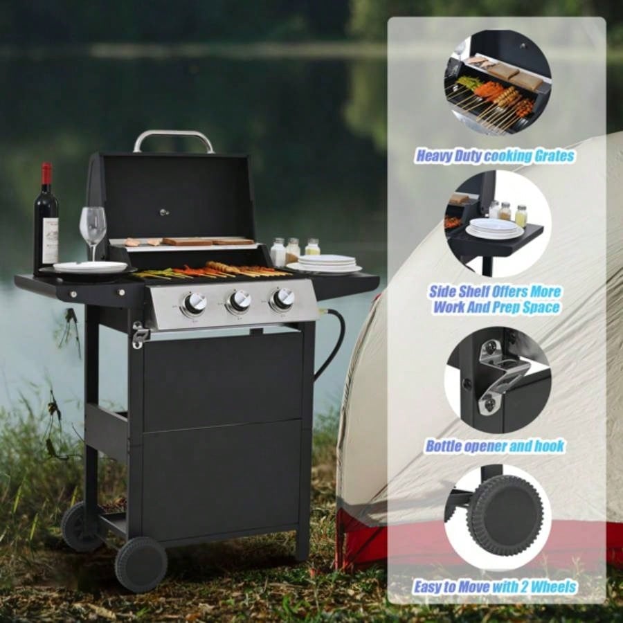 Propane Gas Grill 3 Barbecue Grill, Stainless Steel 26, 000 BTU Patio Garden Barbecue Grill with Two Shelves, Lid, Wheels and Bottle Opener