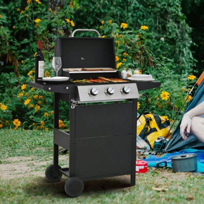 Propane Gas Grill 3 Barbecue Grill, Stainless Steel 26, 000 BTU Patio Garden Barbecue Grill with Two Shelves, Lid, Wheels and Bottle Opener