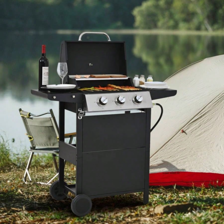 Propane Gas Grill 3 Barbecue Grill, Stainless Steel 26, 000 BTU Patio Garden Barbecue Grill with Two Shelves, Lid, Wheels and Bottle Opener