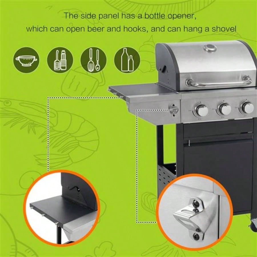 Propane Grill 3 Barbecue Grill Stainless Steel Gas Grill with Side and Thermometer Outdoor BBQ, Camping
