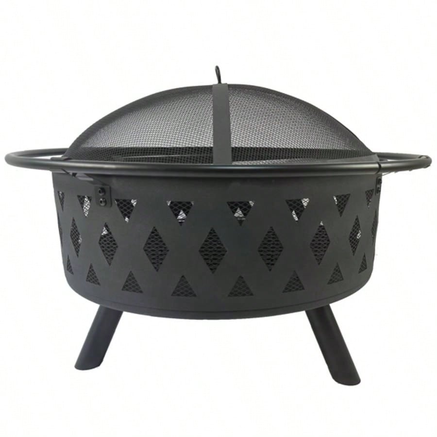Round fire pit with net cover, fire poker, mesh, metal wood burning outdoor fire pit, suitable courtyards, backyards, gardens, bonfire parties, Thanksgiving, Halloween