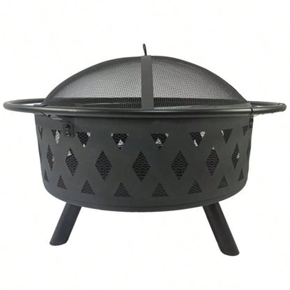Round fire pit with net cover, fire poker, mesh, metal wood burning outdoor fire pit, suitable courtyards, backyards, gardens, bonfire parties, Thanksgiving, Halloween