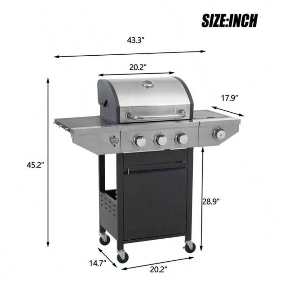 Propane Grill 3 Barbecue Grill Stainless Steel Gas Grill with Side and Thermometer Outdoor BBQ, Camping