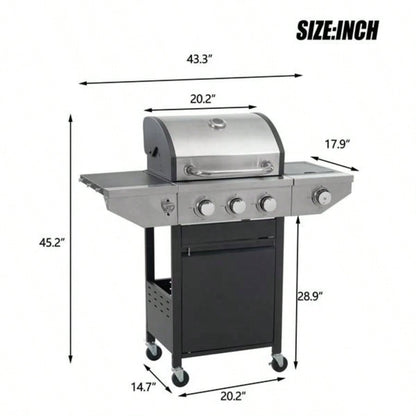 Propane Grill 3 Barbecue Grill Stainless Steel Gas Grill with Side and Thermometer Outdoor BBQ, Camping