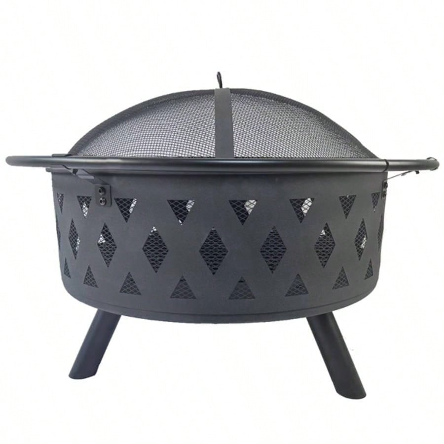 Round fire pit with net cover, fire poker, mesh, metal wood burning outdoor fire pit, suitable courtyards, backyards, gardens, bonfire parties, Thanksgiving, Halloween