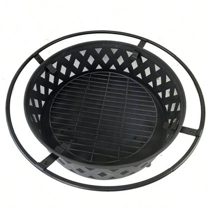 Round fire pit with net cover, fire poker, mesh, metal wood burning outdoor fire pit, suitable courtyards, backyards, gardens, bonfire parties, Thanksgiving, Halloween