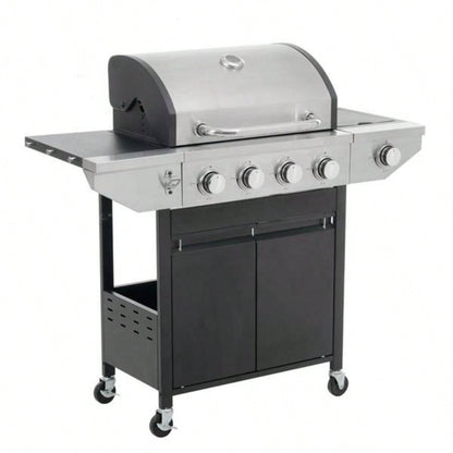 Propane Grill 4 Barbecue Grill Stainless Steel Gas Grill with Side and Thermometer Outdoor BBQ, Camping