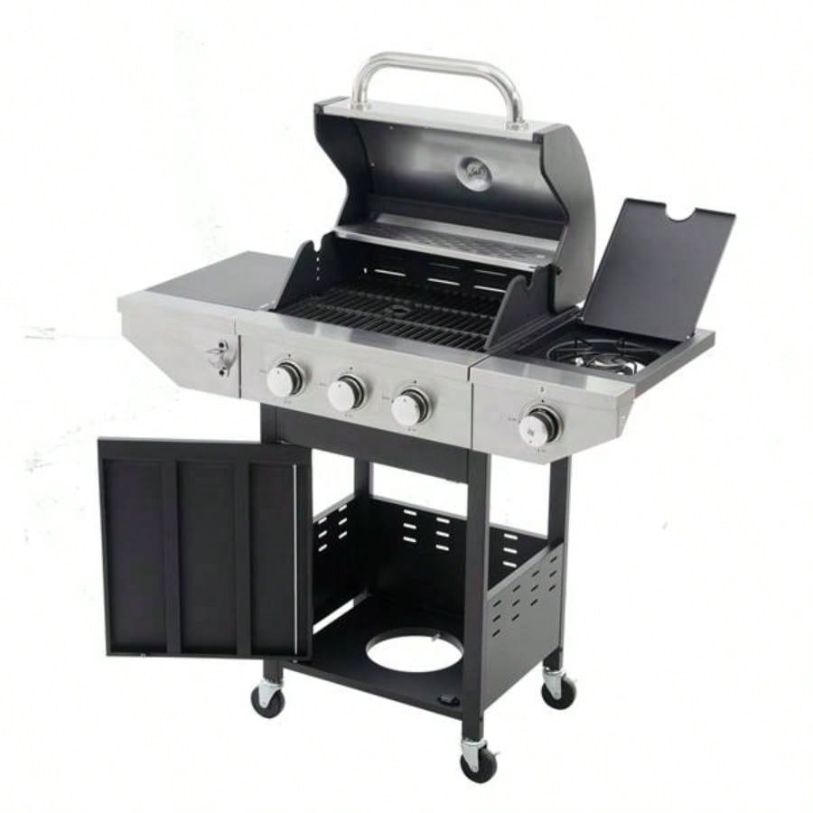 Propane Grill 3 Barbecue Grill Stainless Steel Gas Grill with Side and Thermometer Outdoor BBQ, Camping